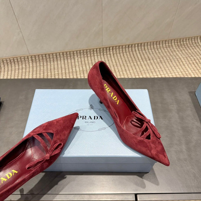 PRADA 26S POINTED TOE HEELS 75MM IN BURGUNDY RED SUEDE WITH BOW