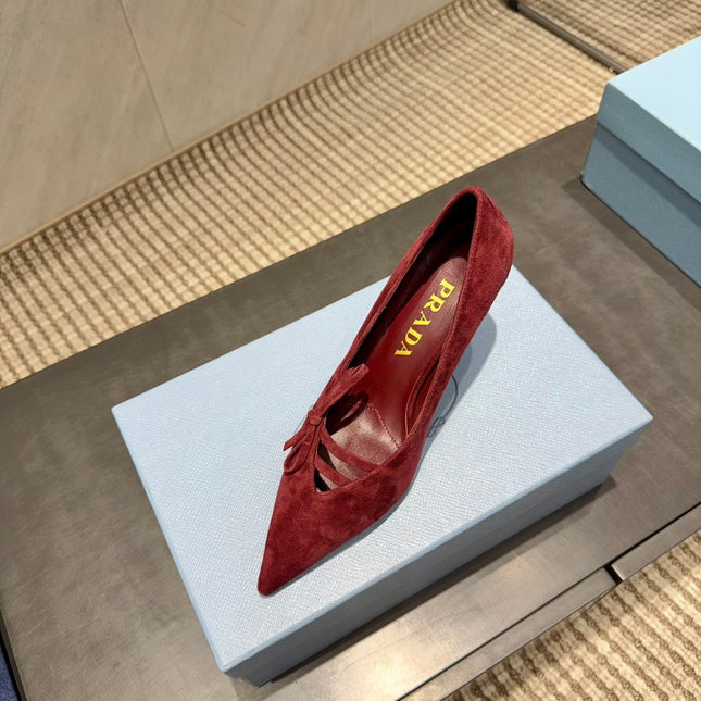 PRADA 26S POINTED TOE HEELS 75MM IN BURGUNDY RED SUEDE WITH BOW