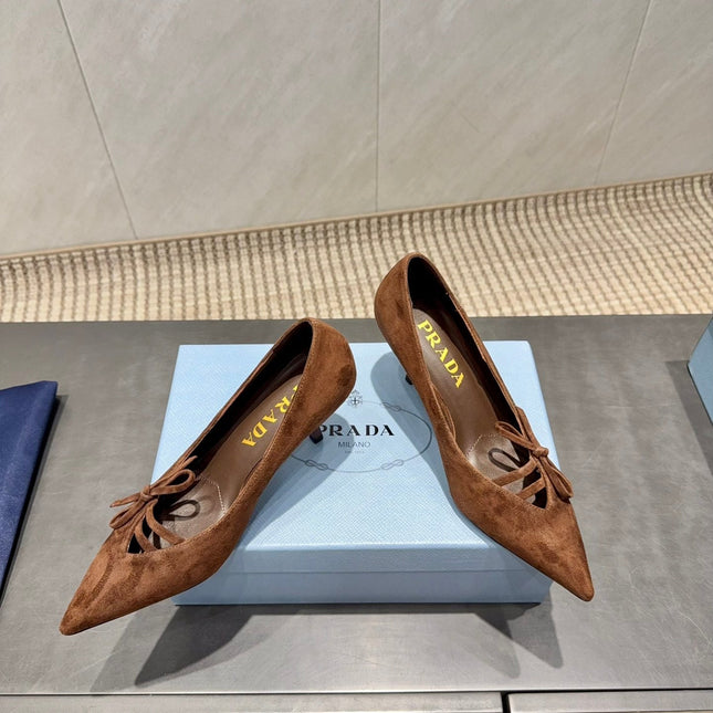 PRADA 26S POINTED TOE HEELS 75MM IN DARK BROWN SUEDE WITH BOW