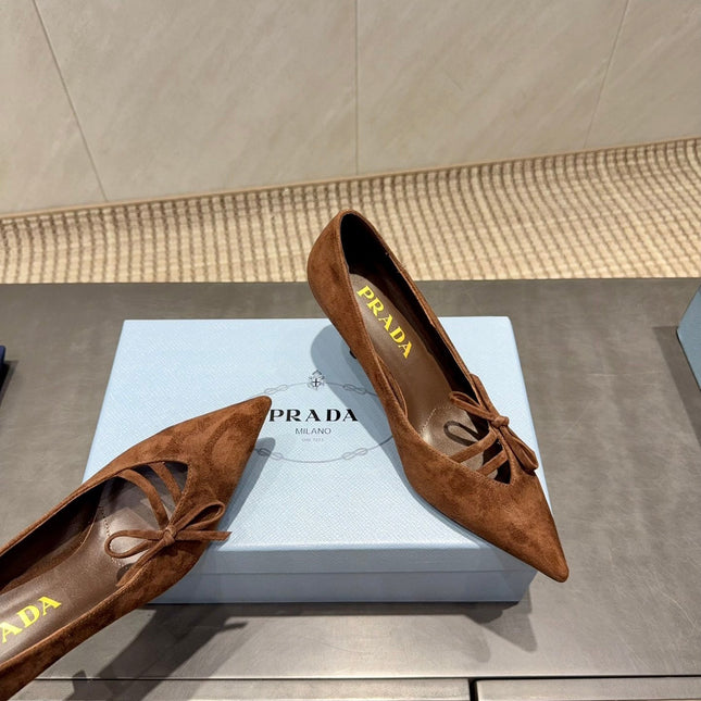PRADA 26S POINTED TOE HEELS 75MM IN DARK BROWN SUEDE WITH BOW