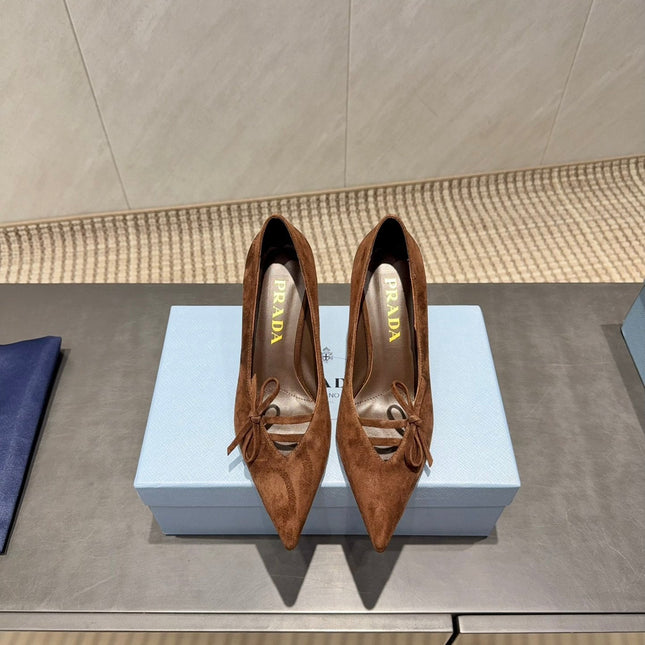 PRADA 26S POINTED TOE HEELS 75MM IN DARK BROWN SUEDE WITH BOW