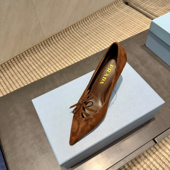 PRADA 26S POINTED TOE HEELS 75MM IN DARK BROWN SUEDE WITH BOW
