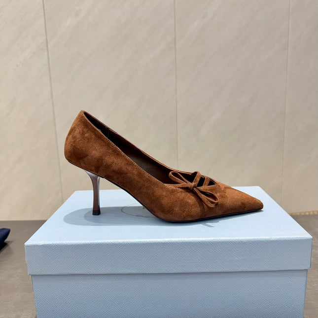 PRADA 26S POINTED TOE HEELS 75MM IN DARK BROWN SUEDE WITH BOW