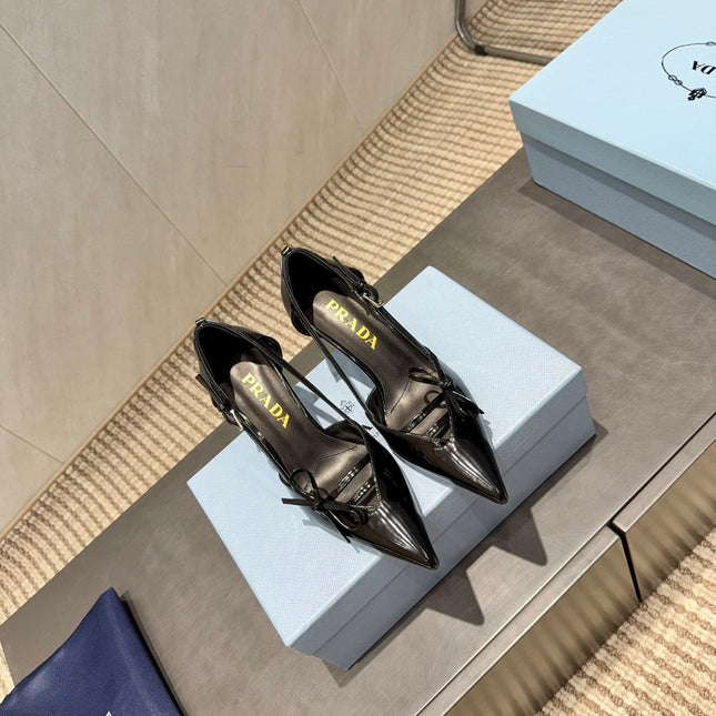 PRADA 26S POINTED TOE CUT OUT HIGH HEELS 75MM IN BLACK CALFSKIN WITH BOW