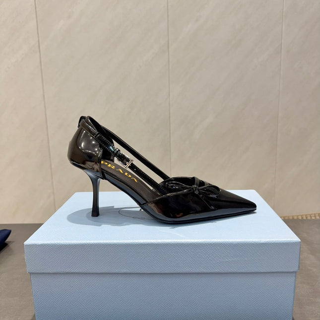 PRADA 26S POINTED TOE CUT OUT HIGH HEELS 75MM IN BLACK CALFSKIN WITH BOW