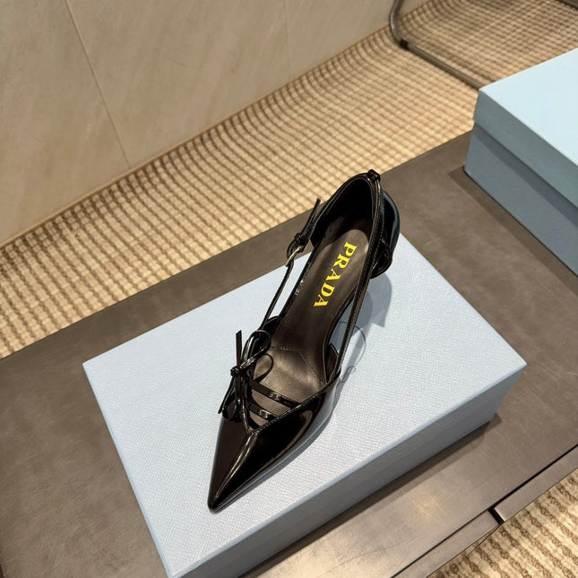 PRADA 26S POINTED TOE CUT OUT HIGH HEELS 75MM IN BLACK CALFSKIN WITH BOW