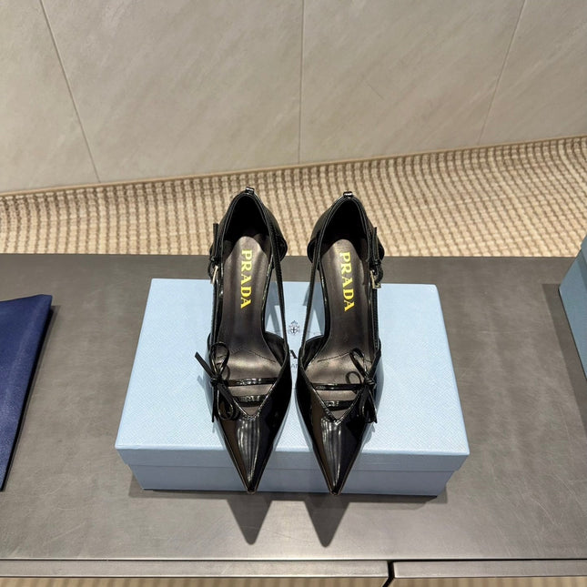 PRADA 26S POINTED TOE CUT OUT HIGH HEELS 75MM IN BLACK CALFSKIN WITH BOW