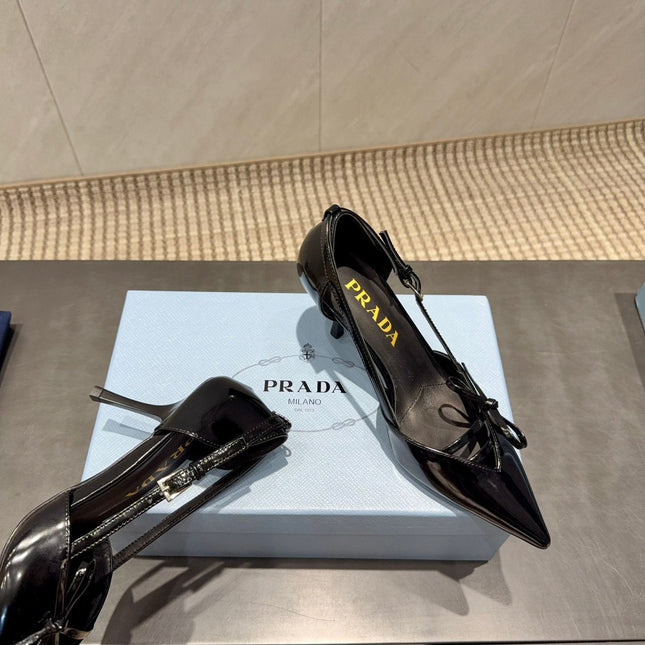 PRADA 26S POINTED TOE CUT OUT HIGH HEELS 75MM IN BLACK CALFSKIN WITH BOW