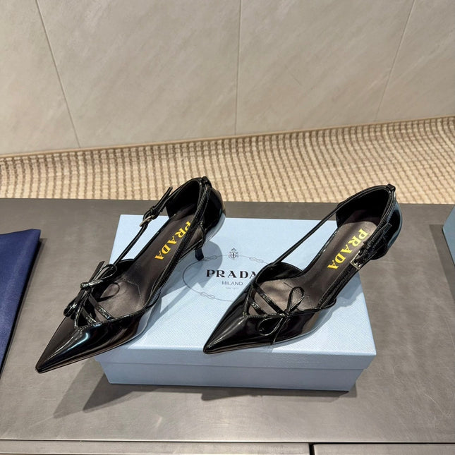 PRADA 26S POINTED TOE CUT OUT HIGH HEELS 75MM IN BLACK CALFSKIN WITH BOW