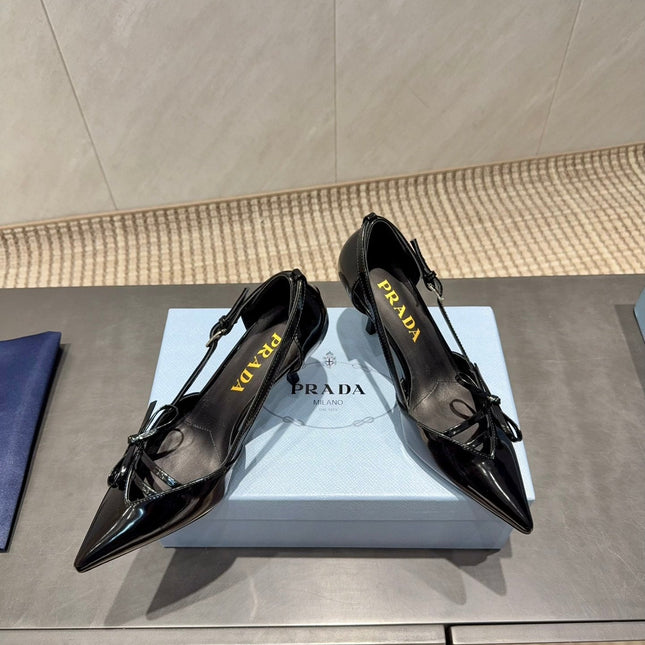 PRADA 26S POINTED TOE CUT OUT HIGH HEELS 75MM IN BLACK CALFSKIN WITH BOW