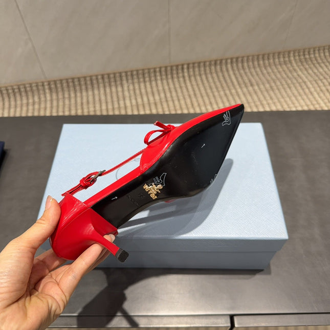 PRADA 26S POINTED TOE CUT OUT HIGH HEELS 75MM IN BRIGHT RED CALFSKIN WITH BOW