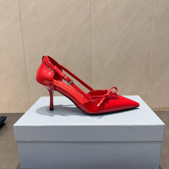 PRADA 26S POINTED TOE CUT OUT HIGH HEELS 75MM IN BRIGHT RED CALFSKIN WITH BOW