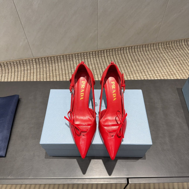 PRADA 26S POINTED TOE CUT OUT HIGH HEELS 75MM IN BRIGHT RED CALFSKIN WITH BOW