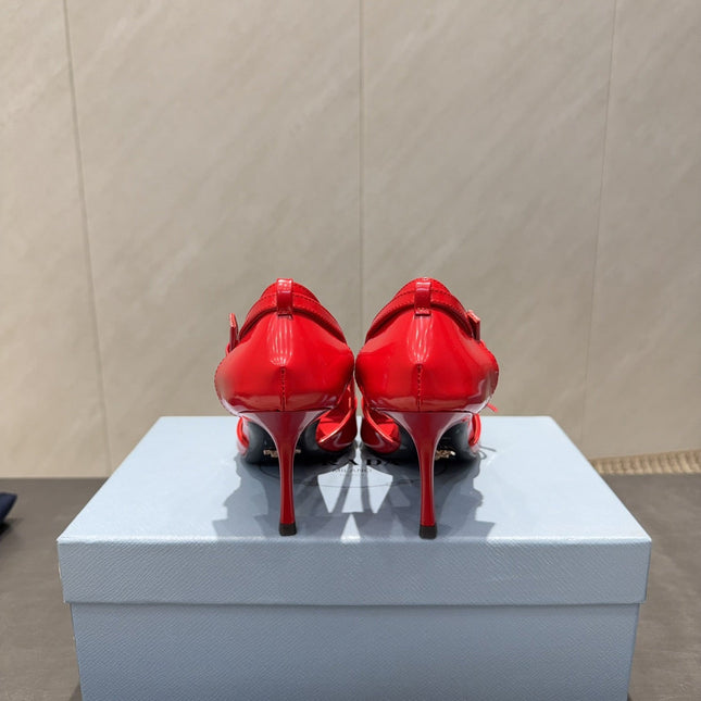 PRADA 26S POINTED TOE CUT OUT HIGH HEELS 75MM IN BRIGHT RED CALFSKIN WITH BOW