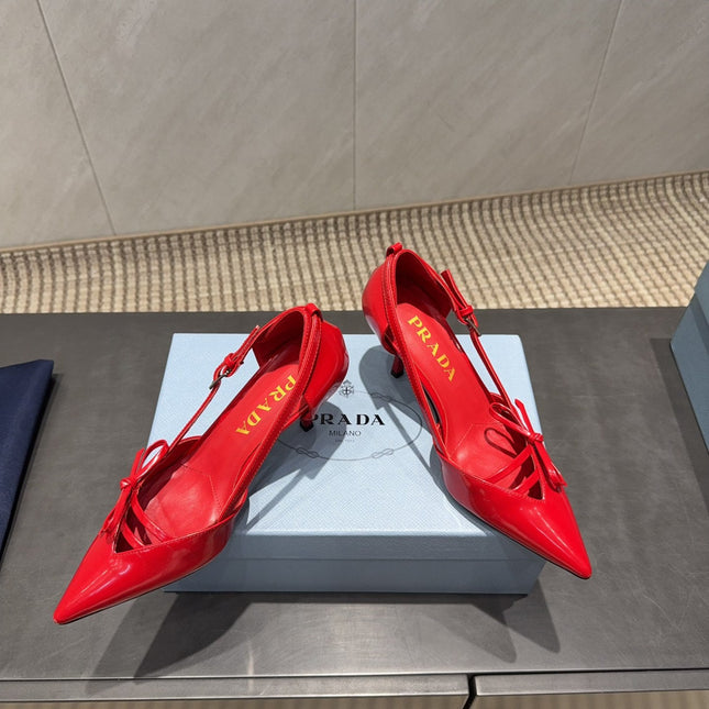 PRADA 26S POINTED TOE CUT OUT HIGH HEELS 75MM IN BRIGHT RED CALFSKIN WITH BOW