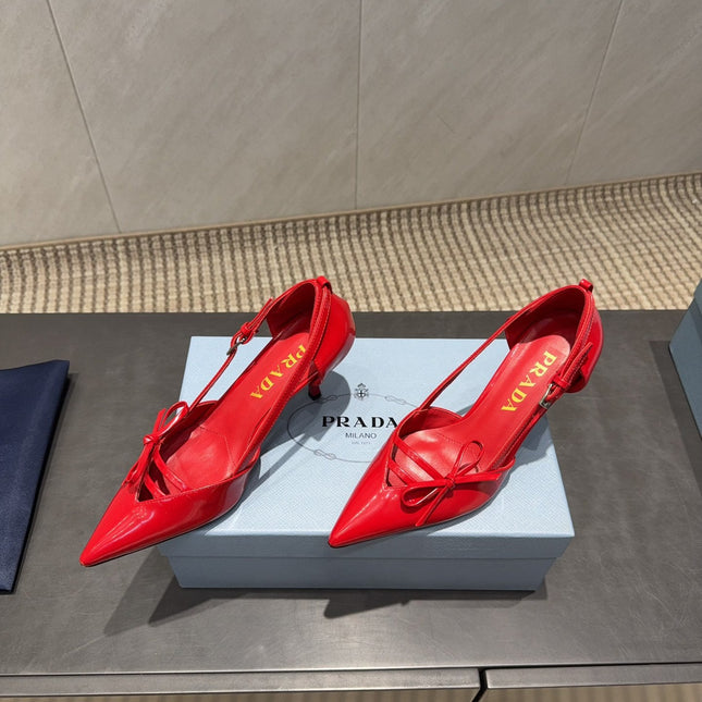 PRADA 26S POINTED TOE CUT OUT HIGH HEELS 75MM IN BRIGHT RED CALFSKIN WITH BOW