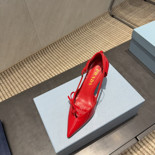 PRADA 26S POINTED TOE CUT OUT HIGH HEELS 75MM IN BRIGHT RED CALFSKIN WITH BOW