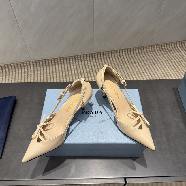 PRADA 26S POINTED TOE CUT OUT HIGH HEELS 75MM IN BEIGE CALFSKIN WITH BOW