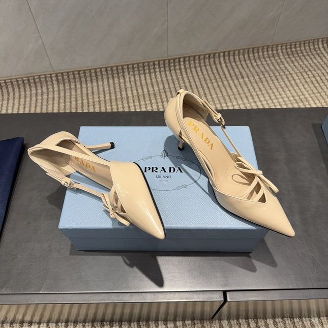 PRADA 26S POINTED TOE CUT OUT HIGH HEELS 75MM IN BEIGE CALFSKIN WITH BOW