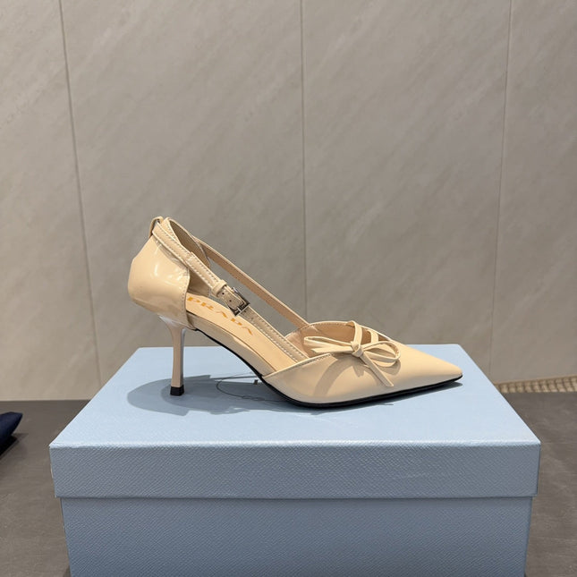 PRADA 26S POINTED TOE CUT OUT HIGH HEELS 75MM IN BEIGE CALFSKIN WITH BOW