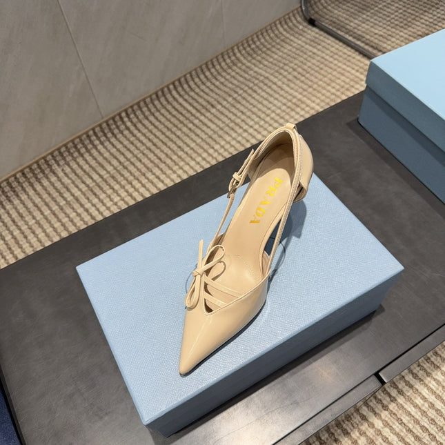 PRADA 26S POINTED TOE CUT OUT HIGH HEELS 75MM IN BEIGE CALFSKIN WITH BOW