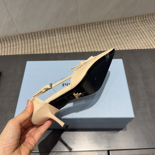 PRADA 26S POINTED TOE CUT OUT HIGH HEELS 75MM IN BEIGE CALFSKIN WITH BOW