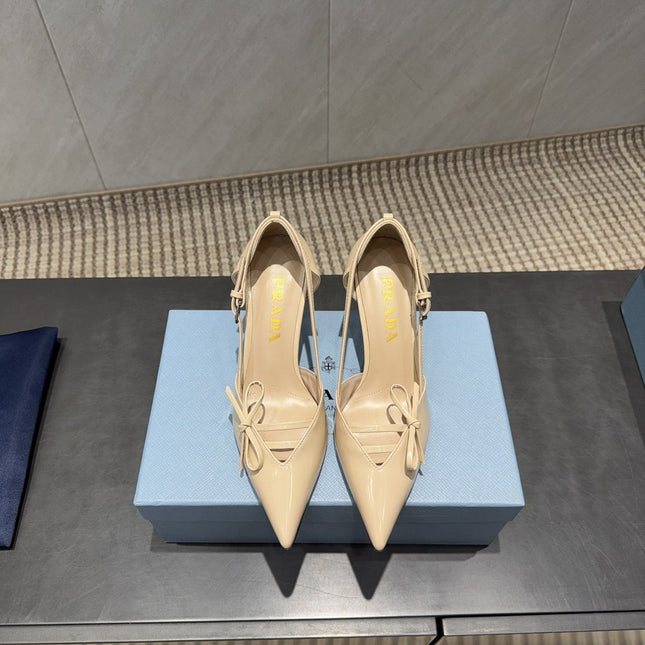PRADA 26S POINTED TOE CUT OUT HIGH HEELS 75MM IN BEIGE CALFSKIN WITH BOW