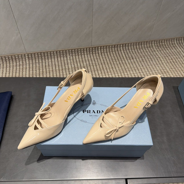 PRADA 26S POINTED TOE CUT OUT HIGH HEELS 75MM IN BEIGE CALFSKIN WITH BOW