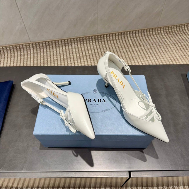 PRADA 26S POINTED TOE CUT OUT HIGH HEELS 75MM IN WHITE CALFSKIN WITH BOW