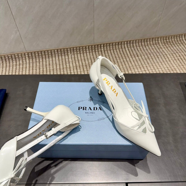 PRADA 26S POINTED TOE CUT OUT HIGH HEELS 75MM IN WHITE CALFSKIN WITH BOW
