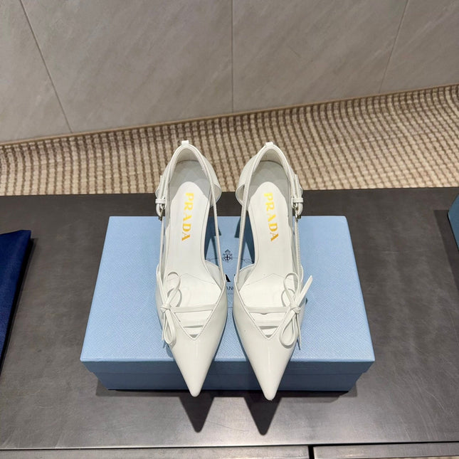 PRADA 26S POINTED TOE CUT OUT HIGH HEELS 75MM IN WHITE CALFSKIN WITH BOW