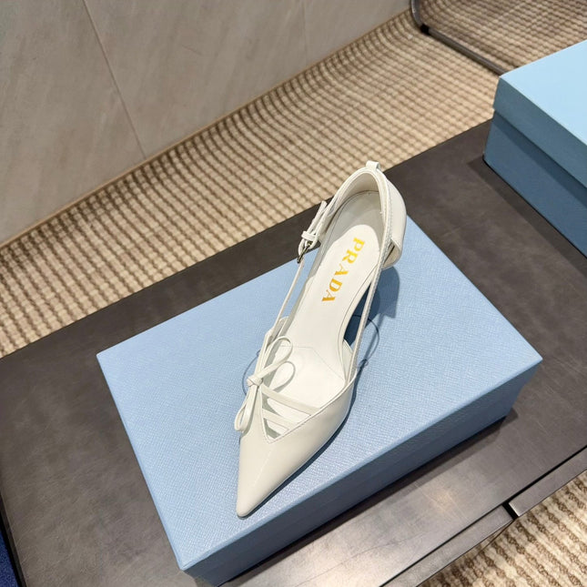PRADA 26S POINTED TOE CUT OUT HIGH HEELS 75MM IN WHITE CALFSKIN WITH BOW