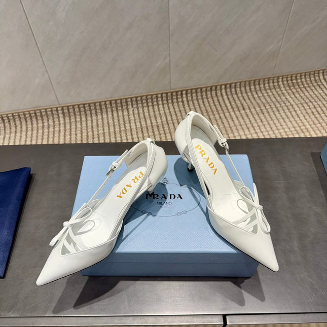 PRADA 26S POINTED TOE CUT OUT HIGH HEELS 75MM IN WHITE CALFSKIN WITH BOW