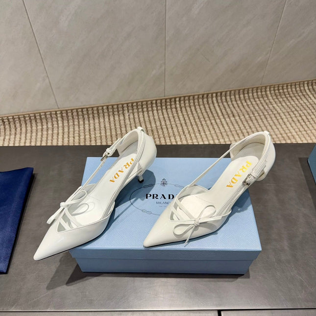 PRADA 26S POINTED TOE CUT OUT HIGH HEELS 75MM IN WHITE CALFSKIN WITH BOW