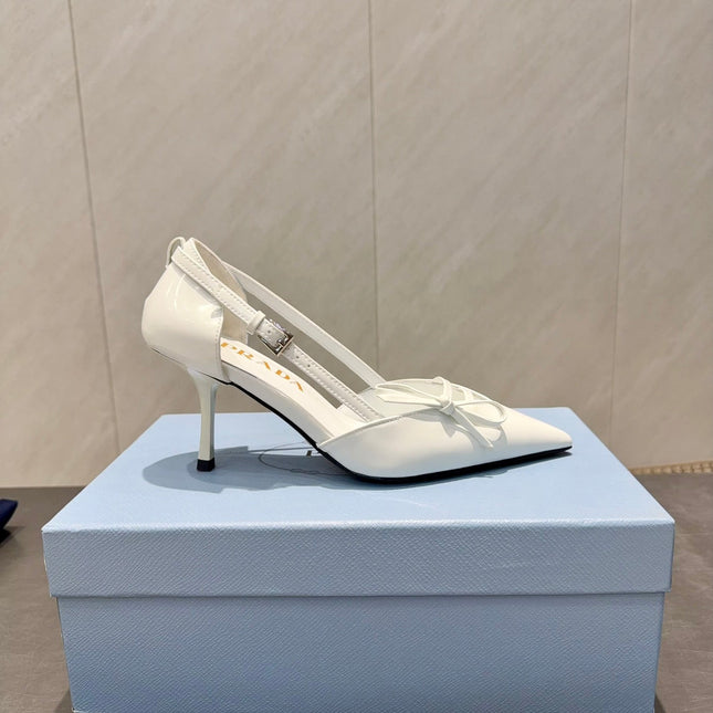 PRADA 26S POINTED TOE CUT OUT HIGH HEELS 75MM IN WHITE CALFSKIN WITH BOW