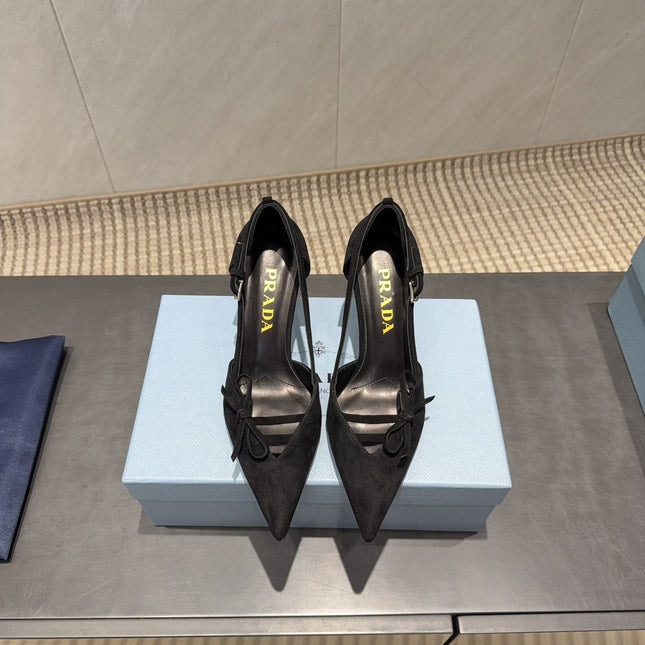 PRADA 26S POINTED TOE CUT OUT HIGH HEELS 75MM IN BLACK SUEDE WITH BOW