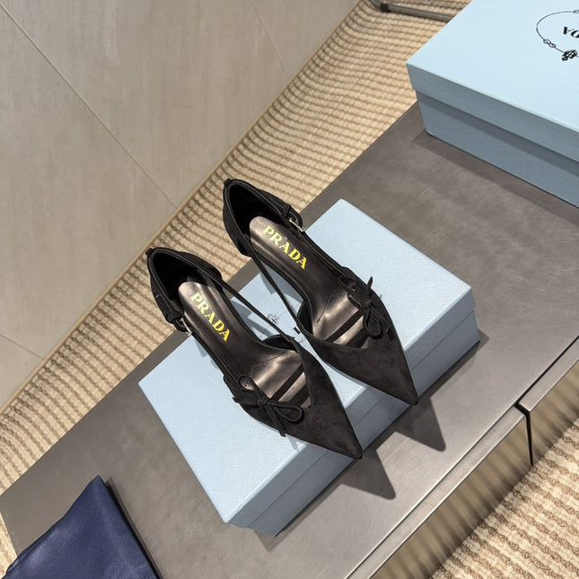 PRADA 26S POINTED TOE CUT OUT HIGH HEELS 75MM IN BLACK SUEDE WITH BOW