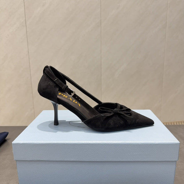 PRADA 26S POINTED TOE CUT OUT HIGH HEELS 75MM IN BLACK SUEDE WITH BOW