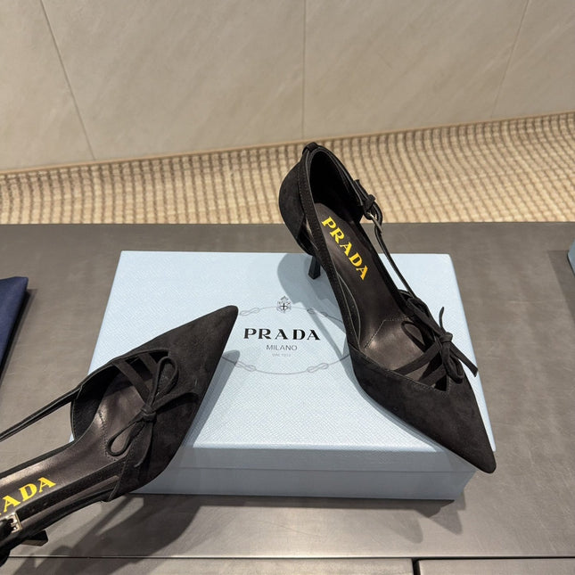 PRADA 26S POINTED TOE CUT OUT HIGH HEELS 75MM IN BLACK SUEDE WITH BOW
