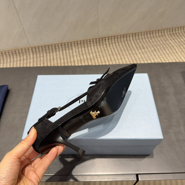 PRADA 26S POINTED TOE CUT OUT HIGH HEELS 75MM IN BLACK SUEDE WITH BOW