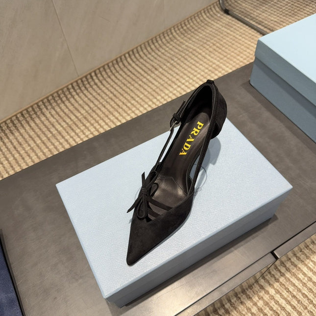PRADA 26S POINTED TOE CUT OUT HIGH HEELS 75MM IN BLACK SUEDE WITH BOW
