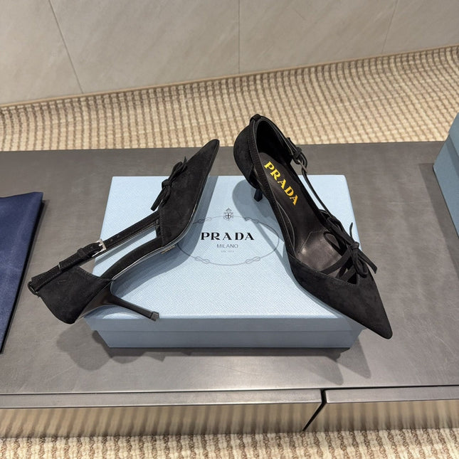 PRADA 26S POINTED TOE CUT OUT HIGH HEELS 75MM IN BLACK SUEDE WITH BOW