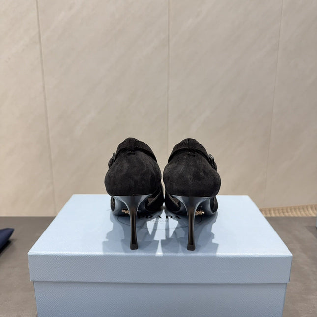 PRADA 26S POINTED TOE CUT OUT HIGH HEELS 75MM IN BLACK SUEDE WITH BOW