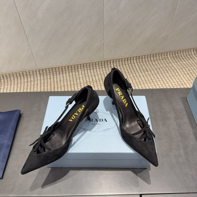 PRADA 26S POINTED TOE CUT OUT HIGH HEELS 75MM IN BLACK SUEDE WITH BOW