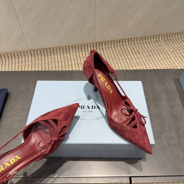 PRADA 26S POINTED TOE CUT OUT HIGH HEELS 75MM IN BURGUNDY RED SUEDE WITH BOW