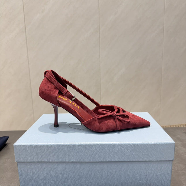 PRADA 26S POINTED TOE CUT OUT HIGH HEELS 75MM IN BURGUNDY RED SUEDE WITH BOW