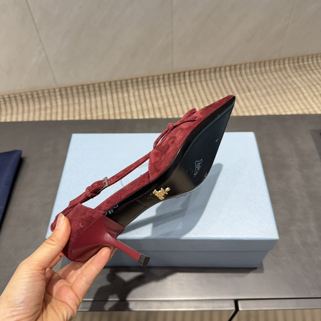 PRADA 26S POINTED TOE CUT OUT HIGH HEELS 75MM IN BURGUNDY RED SUEDE WITH BOW