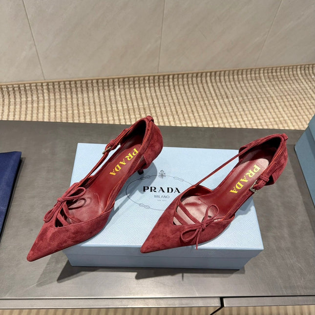 PRADA 26S POINTED TOE CUT OUT HIGH HEELS 75MM IN BURGUNDY RED SUEDE WITH BOW