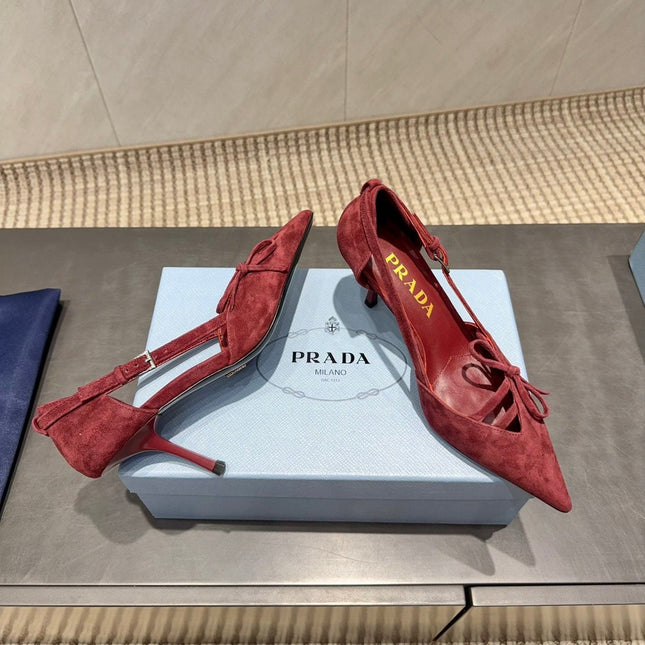 PRADA 26S POINTED TOE CUT OUT HIGH HEELS 75MM IN BURGUNDY RED SUEDE WITH BOW