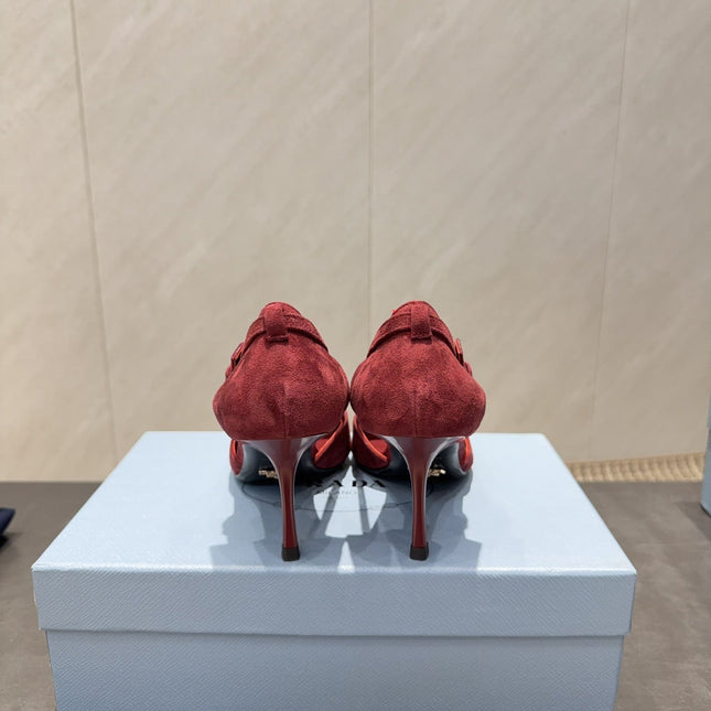 PRADA 26S POINTED TOE CUT OUT HIGH HEELS 75MM IN BURGUNDY RED SUEDE WITH BOW